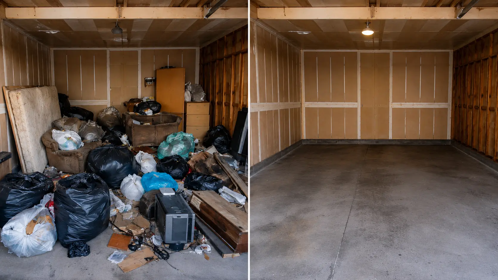 Garage packed with bagged junk and furniture, then completely emptied