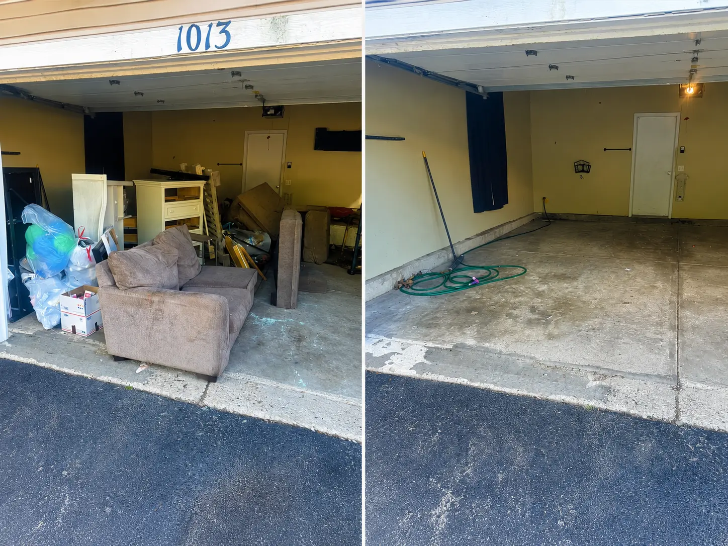 Garage full of furniture, boxes and bags, then cleared to bare concrete