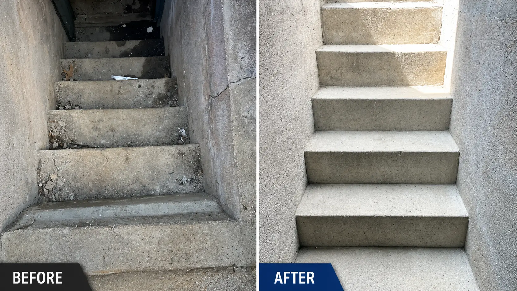 Debris-covered basement stairway before and after clearing